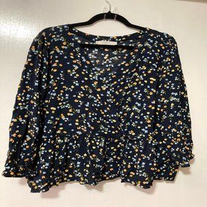 PLUS FLORAL TIERED PEPLUM BLOUSE IN FOREVER NAVY